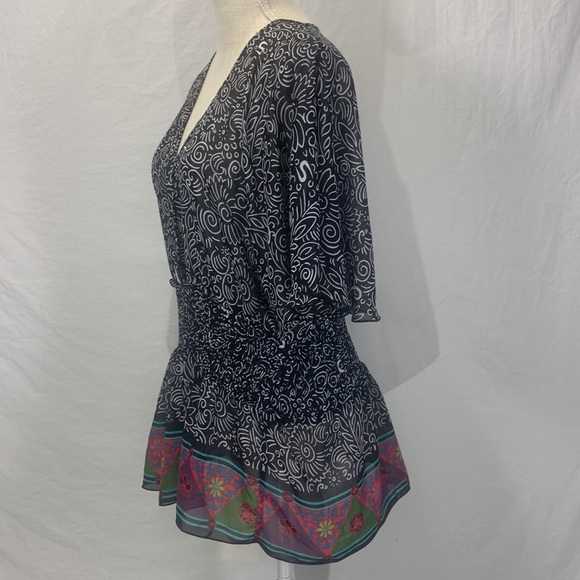 Bisou Bisou Sheer Black Floral Print V-Neck Peplum Top Size Large - Picture 4 of 13